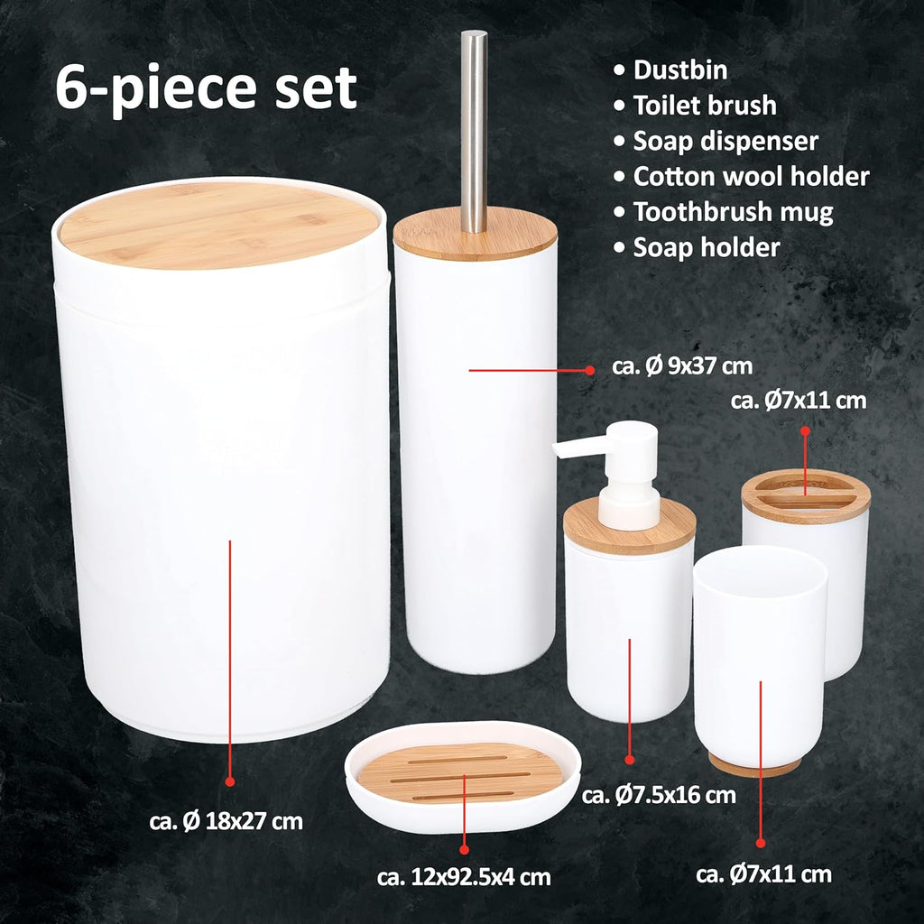 Set De Baño - Set De Inodoro - 6 Piezas - Dispensador De Jabón - Portacepillos De Dientes - Cepillo De Baño - Papelera - Jabonera - Vaso - Bambú - Blanco