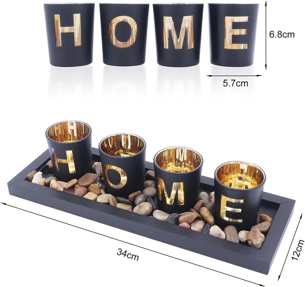 Juego De 4 Portavelas De Cristal, Piedras Naturales Y Bandeja De Madera Para Decoración De Mesa (Home)