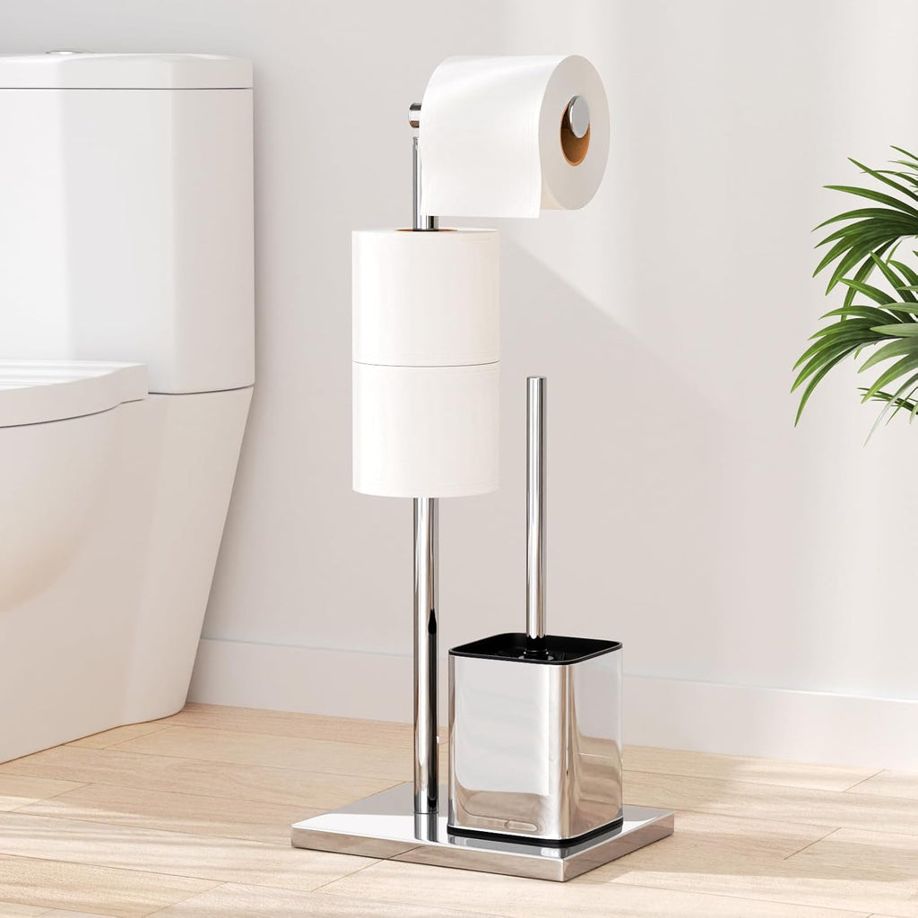 Portarrollos De Papel Higiénico De Pie De Acero Inoxidable, Soporte Para Papel Higiénico Y Escobilla, Sin Necesidad De Taladrar, Escobilla Y Portarrollos De Papel Higiénico (Plata Brillante)